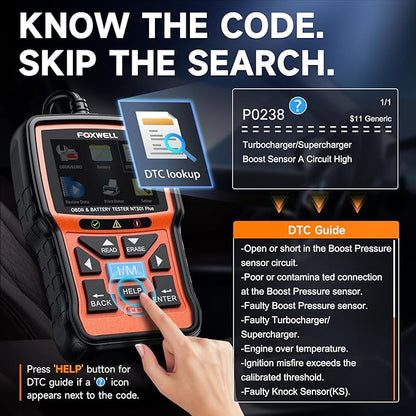 Upgraded of NT301, 2-in-1 FOXWELL NT301 Plus OBD2 Scanner Car Battery Tester, Professional Code Reader Check Engine Diagnostic Scanner Tool, 12V Automotive Cranking Charging Analyzer for 1996+ Vehicle