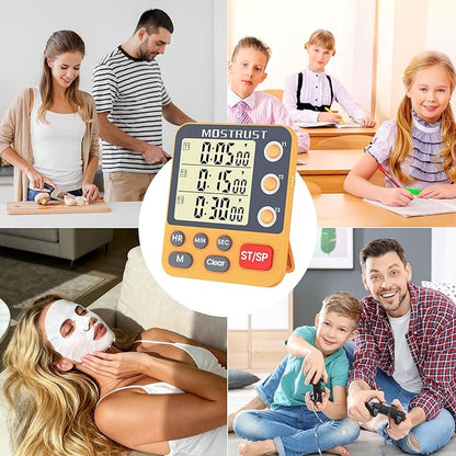 MOSTRUST Digital Dual Kitchen Timer, 3 Channels Countdown Triple Timer for Cooking, Magnetic Memory-Preset Large Display Adjustable Alarm Volume, Multi Times Management, 3A Battery Included, Orange