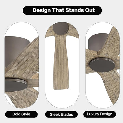 WINGBO 48" Flush Mount DC Ceiling Fans without Lights, 5 Carved Solid Wood Blades, 6-Speed Reversible DC Motor, Low Profile Hugger Ceiling Fan No Light for Living Room Bedroom Patio, Graphite and Gray