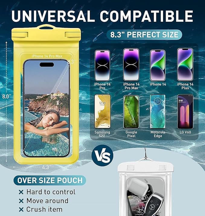 Waterproof Phone Case,with Inside Card Protector, IPX8 Cell Phone Dry Bag Up to 8.3" for iPhone 16 15 14 13 12 Pro Max XS Plus Galaxy S22, Cruise Vacation Essentials, 2 Pack Black &Yellow