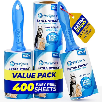 PetLovers Extra Sticky Lint Roller Ultimate Value Set 400 Sheets for Pet Hair Removal, Dog and Cat Lint Remover 4 Pack