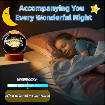 Conalisk 3D Galaxy Crystal Ball Lamp,3.15 Inch K9 Crystal Ball Night Light with Wooden Base,16 Colors Changing Light with Dimmable Remote Control,3D Laser Engraving Holographic Lamp (Galaxy)