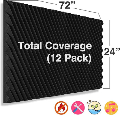 Foroomaco 12 Pack Sound Proof Foam Panels for Walls, 12x12x2 Inches Slash Style Acoustic Panels for Home Studio Acoustic Treatment (Black)