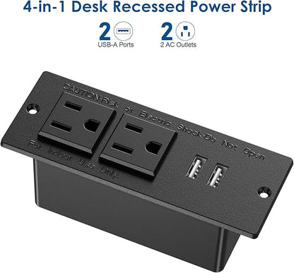 Jgstkcity Conference Recessed Power Strip Socket 9.8Ft Cord,Furniture Flush Mount Charging Station,Desktop Power Grommet Power Strip with 2 Outlets,2 USB Ports,Desk Outlet for Side Table or End Table