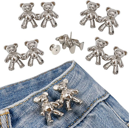 TOOVREN Cute Bear Button Pins for Loose Jeans - No Sew, No Tools Instant Pant Waist Tightener, 4 Sets Jeans Button Replacement Pant Clips for Waist Buckle