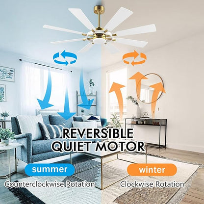 ELEHINSER 60 Inch Ceiling Fan with Lights and Remote Control, 8 Plywood Blades, 6-Speed Noiseless Reversible DC Motor, 3CCT, Windmill Ceiling fan for Kitchen Bedroom Living Room, Brass and White
