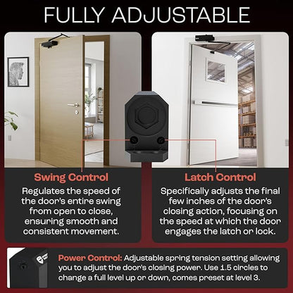 PrimeWare DC-600 Automatic Adjustable Door Closers for Home | Soft Close, No Slam | Residential and Commercial Door Closer | Level 1-6 | for Doors Weighing 30-300 lbs | Hydraulic Door Spring - Black
