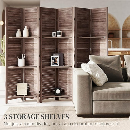 HOMCOM Room Divider, 6 Panel 67" Tall Wood Privacy Screen with 3 Display Shelves, and Folding Storage for Bedroom or Home Office, Walnut