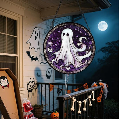 DASTOLL Stained Glass Window Hanging - Halloween Decorations White Ghost Purple Stars Suncatcher for Doors Garden Spooky Funny Sun Catchers Gothic Decor Horror Gifts for Women Men Friend 7.8 in