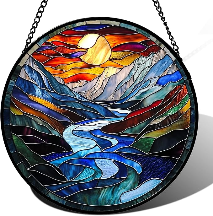AMDERVEN Stained Glass Window Hanging, Canyon Mountains Sunset View Sun Catcher for Window Home Decor Landscape Suncatcher Mother's Day Birthday Gifts for Women Men Mom and Nana 6.3 in