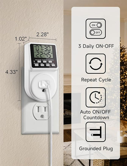 Techbee Indoor Digital Infinite Repeat Cycle Intermittent Outlet Timer Plug 24 Hour Programmable Timed Electrical Power Switch with Countdown Delay on Off Function for Lights and Appliances (2 Pack)