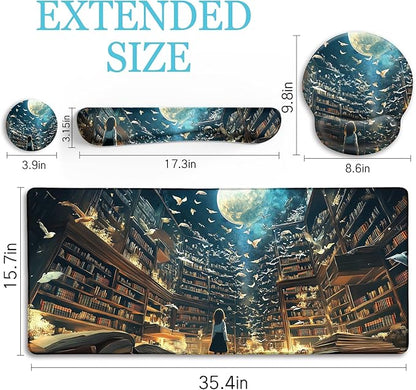 LIMKRIAN Anime Book Mouse Pad Set Large Desk Matt for Desktop, Ergonomic Mouse Pad with Wrist Rest, Gaming Mousepad Wrist Support Keyboard Mat Cup Coaster Set Cute Desk Accessories for Women Girl
