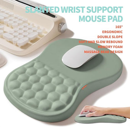 KUOSGM 2-in-1 Ergonomic Set, Wave Rise Keyboard Wrist Rest and Massage Bulge Slope Mouse Pad Wrist Support, Cushion Memory Foam Integrated to Relieve Wrist Pain, Light Green