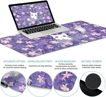 LIMKRIAN Purple Mouse Pad Large Desk Mat Set, Kawaii Cat Computer Mouse Pad with Wrist Rest Keyboard Wrist Support XXL Mousepad Cup Coaster Set, Cute Purple Office Desk Accessories Cat Decor Supplies