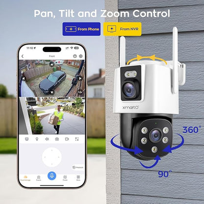 xmartO [2-in-1 CAMs 8-View WiFi 6 Mesh PTZ Security Camera System Outdoor Wireless, 4X Dual-Lens CAM, 16CH 4K Long Range WiFi6 Surveillance NVR Kit, 4MP PTZ Home CCTV Set w. 500GB HDD, No Monthly Fee