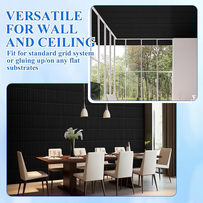 Nuanchu 32 Pcs 3D Slat Wall Panels 12 x 12 Inch PVC Fluted Textured Panel Cuttable Paintable DIY Wall Art Decorative Tiles for Ceiling Studio Bathroom Interior TV Background (Black)
