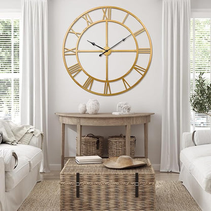 Ohweog Large Wall Clock for Living Room Decor – 48 inch Silent Non-Ticking Modern Farmhouse Wall Clock, Oversized Decorative Metal Roman Numeral Clock, Gold
