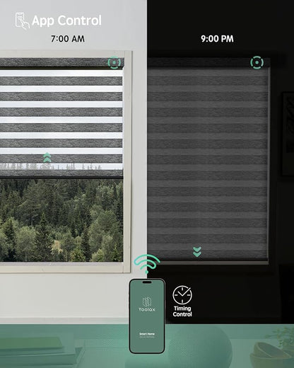 Yoolax Motorized Zebra Blinds Compatible with Alexa, Motorized Blinds with Remote Smart Automatic Custom Electric Window Blinds Cordless Indoor Blackout for Home Bedroom Kitchen (Grey Black)