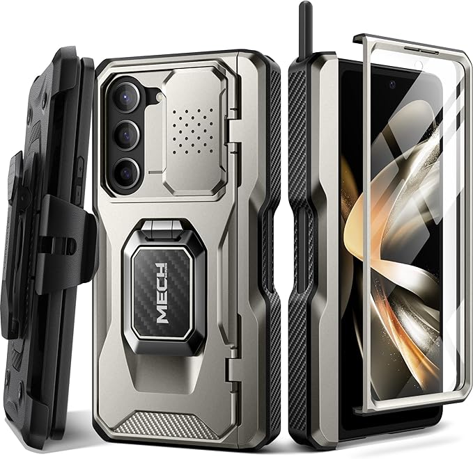 TONGATE for Z Fold 5 Case with Ring Stand, Built-in S Pen Holder & Glass Screen Protector Shockproof Rugged Z5 Phone Case with Slide Camera Cover & Belt Clip for Samsung Galaxy Z Fold 5 2023, Gray