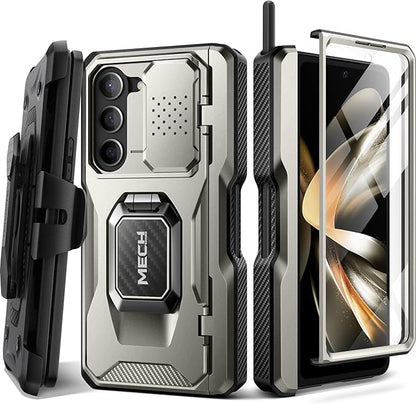 TONGATE for Z Fold 5 Case with Ring Stand, Built-in S Pen Holder & Glass Screen Protector Shockproof Rugged Z5 Phone Case with Slide Camera Cover & Belt Clip for Samsung Galaxy Z Fold 5 2023, Gray