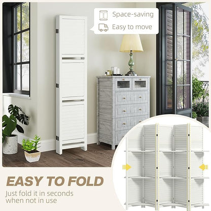 HOMCOM Room Divider, 5 Panel 67" Tall Wood Privacy Screen with 3 Display Shelves, and Folding Storage for Bedroom or Home Office, White