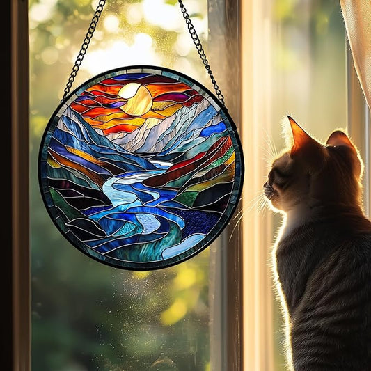 AMDERVEN Stained Glass Window Hanging, Canyon Mountains Sunset View Sun Catcher for Window Home Decor Landscape Suncatcher Mother's Day Birthday Gifts for Women Men Mom and Nana 6.3 in