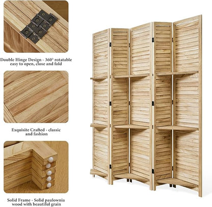 Partition Room Dividers, Folding Wood Privacy Screen with Three Display Shelves Suitable for Home Office, Study, Art Display - 5 Panel, 67 * 64inch (Wood)…