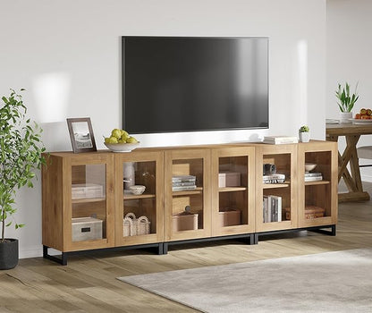 WAMPAT Modern TV Stand with Glass Doors for 110 inch TVs, 3 in 1 Entertainment Center Console with Adjustable Shelves and Metal Base for Living Room, Bedroom, Oak