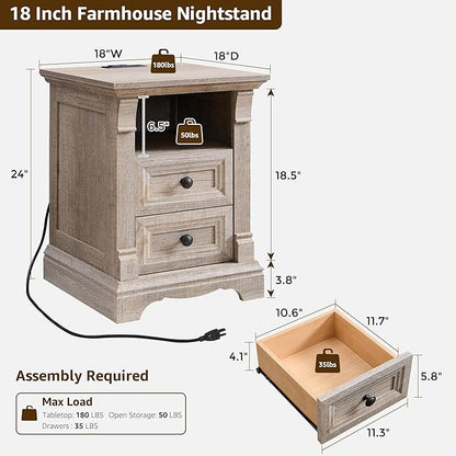 T4TREAM Farmhouse Nightstand Set of 2, 18" Side Table with Charging Station, Wood End Table w/Roman Column, Bedside Cabinet for Bedroom, Living Room, Light Rustic Oak