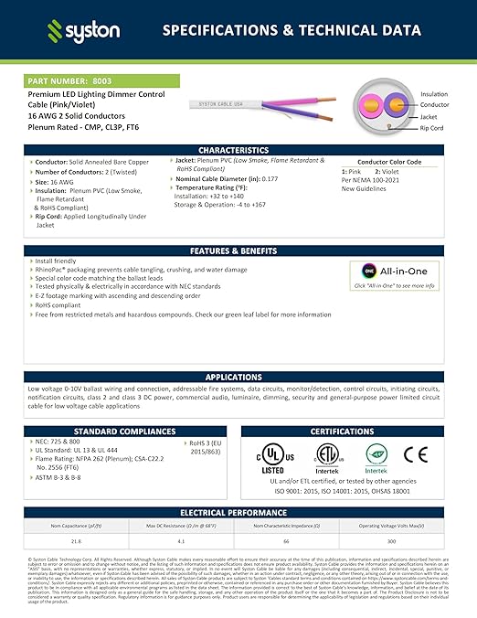 Syston Cable Technology 16/2 LED Lighting Dimmer Dimming Luminaire Control Wire Cable,16 AWG 2 Conductors Solid Bare Copper Unshielded Plenum Rated CMP CL3P FT6, for Ballast Wiring and Connection