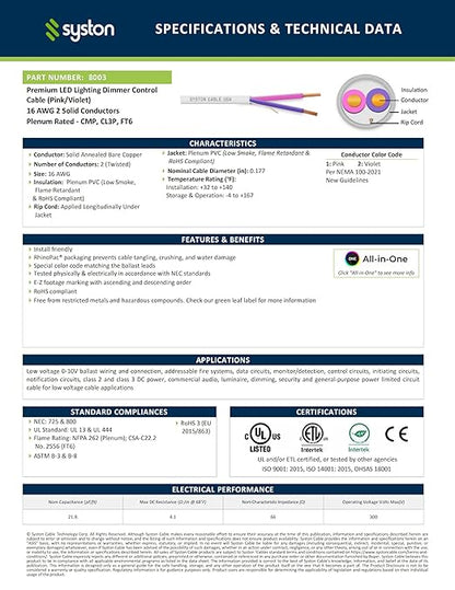Syston Cable Technology 16/2 LED Lighting Dimmer Dimming Luminaire Control Wire Cable,16 AWG 2 Conductors Solid Bare Copper Unshielded Plenum Rated CMP CL3P FT6, for Ballast Wiring and Connection