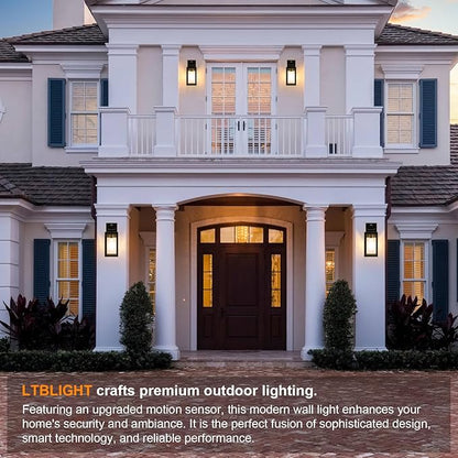 LTBLIGHT 2-Pack Motion Sensor Outdoor Wall Light Fixtures, Modern Black Dusk to Dawn Porch Light Lantern with 3 Modes, Waterproof Exterior Lighting for House, Patio, Garage, Front Door