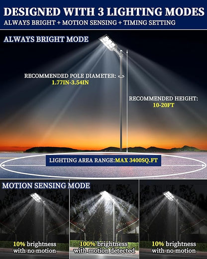 Gefolly SL-7200W Solar Street Light Outdoor, Wide Angle 450000LM 3000K/4000K/6500K Commercial Parking Lot Light Dusk to Dawn, IP67 Flood Outdoor Lamp for Basketball Court, Road, Yard