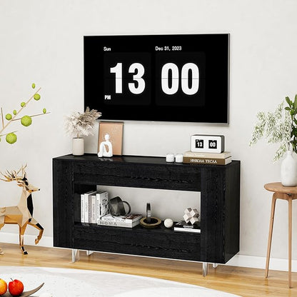 Vavkorkula TV Stand for 55 Inch with 2 Large Drawers & Hidden Storage Cabinets, Modern Farmhouse Entertainment Center Television Stands for Living Room Bedroom, Black