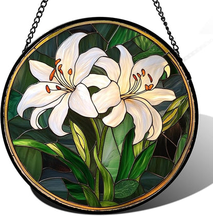 CRISGIF Stained Glass Window Hanging, White Lily Suncatcher for Door Garden Patio Birth Flower Green Plant Sun Catchers Decor Christmas Mother's Day Birthday Gifts for Women Mom Nana Friend 7.8 in
