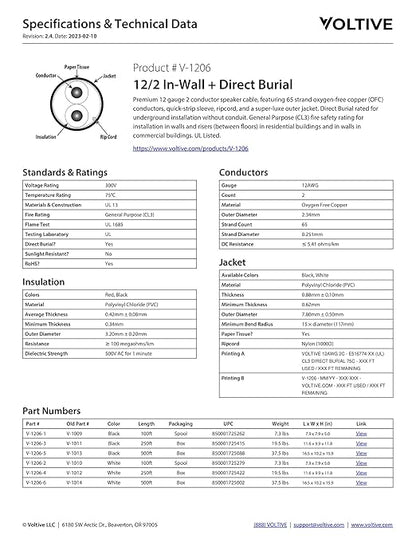 Voltive 12/2 Speaker Wire, in-Wall CL3 & Direct Burial, Black, 100ft - 12AWG, 2 Conductors, Stranded Oxygen-Free Copper, UL Listed - V-1206-1