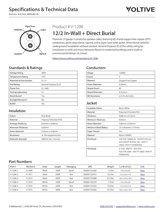 Voltive 12/2 Speaker Wire, in-Wall CL3 & Direct Burial, White, 500ft - 12AWG, 2 Conductors, Stranded Oxygen-Free Copper, UL Listed - V-1206-6