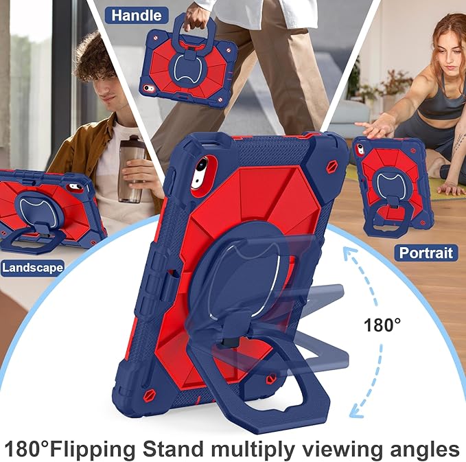Case for iPad (A16) 11th Generation 11 Inch (2025), iPad 10th Generation Case 10.9 Inch (2022), Shockproof Cover with 360° Rotating Stand Screen Protector Pen Holder Shoulder Strap, Navy Red