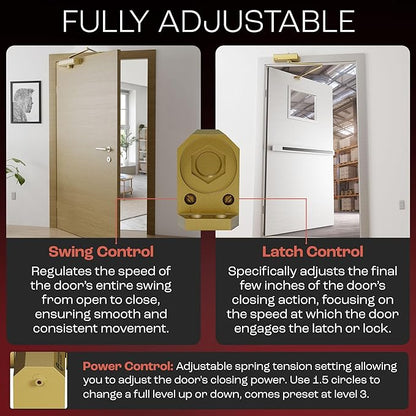 PrimeWare DC-600 Automatic Adjustable Door Closers for Home | Soft Close, No Slam | Residential and Commercial Door Closer | Level 1-6 | for Doors Weighing 30-300 lbs | Hydraulic Door Spring - Gold
