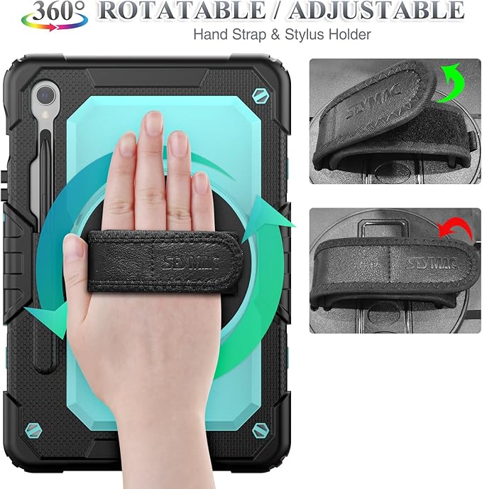 SEYMAC stock Case for Samsung Galaxy Tab S10 FE / S9 / S9 FE 5G Tablet Case Protective with Screen Protector, Pencil Holder, 360 Rotate Stand, Hand Strap, Shoulder Strap, SkyBlue1