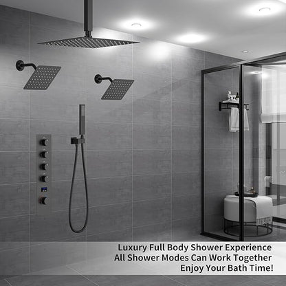 KATAIS Shower Faucet Set Matte Black Shower System with 12 inch Ceiling Mounted Shower Head and Dual 8 inch Wall Mounted Shower Head, Digital Display Shower Fixtures with Handheld Spray