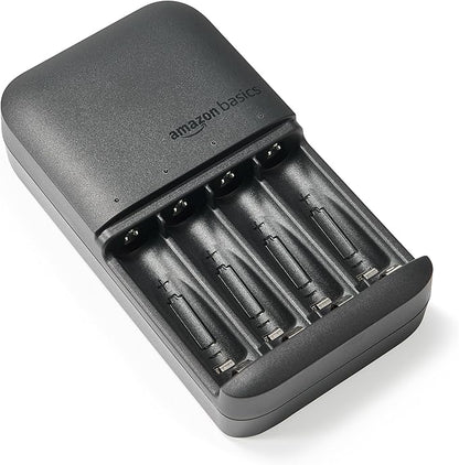 Amazon Basics 4-Bay Battery Charger for AA & AAA Rechargeable Batteries with Rechargeable AA NiMh Batteries, 4 count (Pack of 1), Type A (American) Plug, Black