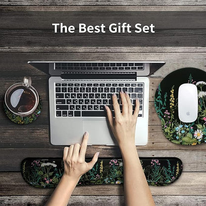 iCasso Large Mouse Pad, Mouse Pad Wrist Support Set,4in1 XXL Large Mousepad + Keyboard Wrist Rest+Mouse Wrist Rest+Coaster Set with Ergonomic Design for Home Office Table Computer-Weeds