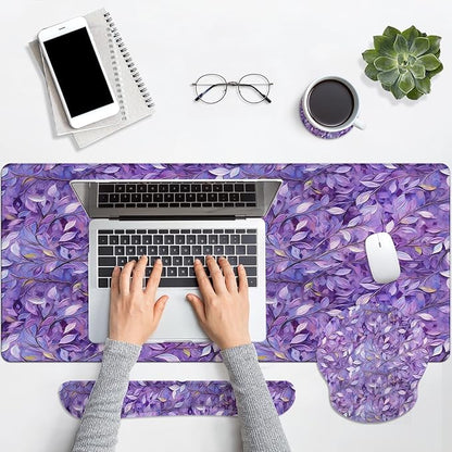 Britimes Purple Oil Painting Leaves Keyboard Mouse Pad Set Plant 4in1 Large Mousepad+Keyboard Wrist Rest+Mouse Wrist Rest+Coaster Ergonomic Design for Home Office Computer 35.4x15.7 inches
