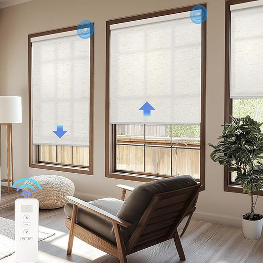 COOLWINDS Motorized Blinds with Remote Cordless Automatic Motorized Shades Custom Blinds for Windows Smart Curtains Compatible with Alexa Google Home(Light Filtering Linen Sandy Beach,W64 x H72in)