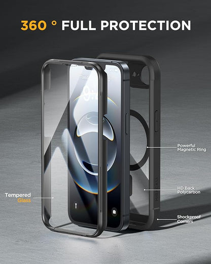 Miracase Magnetic for iPhone 16e Case Full-Body Phone with Built-in Glass Screen Protector, [Compatible with MagSafe] Military Drop Proof 16 E Cover Bumper 6.1 inch, Black