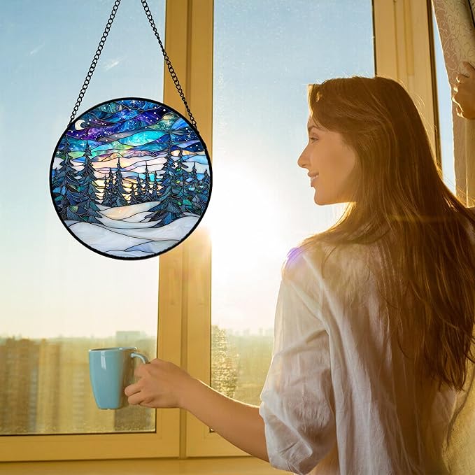 DASTOLL Stained Glass Window Hanging, Starry Sky Trees and Snow Sun Catchers Glass Panel Blue Suncatcher Decor for Birthday for Women, Men, Wife, Aunt, and Mom 6.3 in