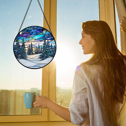 DASTOLL Stained Glass Window Hanging, Starry Sky Trees and Snow Sun Catchers Glass Panel Blue Suncatcher Decor for Birthday for Women, Men, Wife, Aunt, and Mom 7.8 in