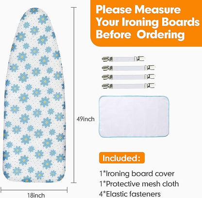 Ironing Board Cover and Pad, 18x49 Extra Wide Thick Iron Padding, Scorch & Stain Resistant Ironing board cover, Heavy Duty Iron Board Padded with Adjustable Fasteners Durable Elastic Edge, Daisy
