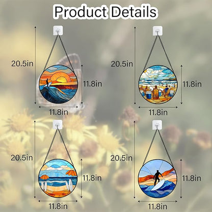 AMDERVEN Stained Glass Window Hanging 4 Pcs Set Blue Ocean Surfing Beach Large 11.8" - Suncatcher Door Garden Sun Catcher Decor Birthday Mother's Day for Firefighte Men Woman Nana Mom